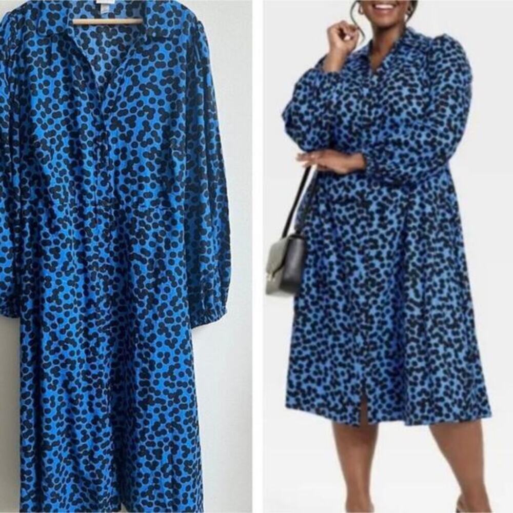 Ava & Viv Black &‎ Blue Polka Dot Balloon Sleeve Belted Midi Dress Plus Size 1X